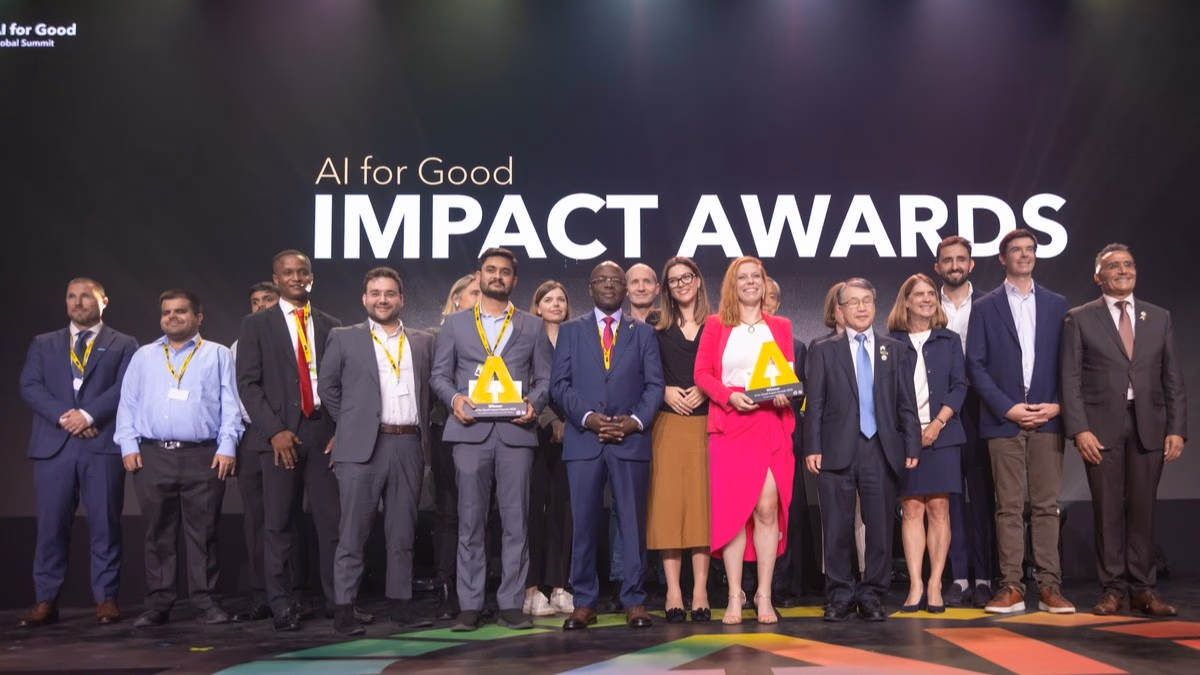 Award winners on stage at the AI for Good Impact Awards